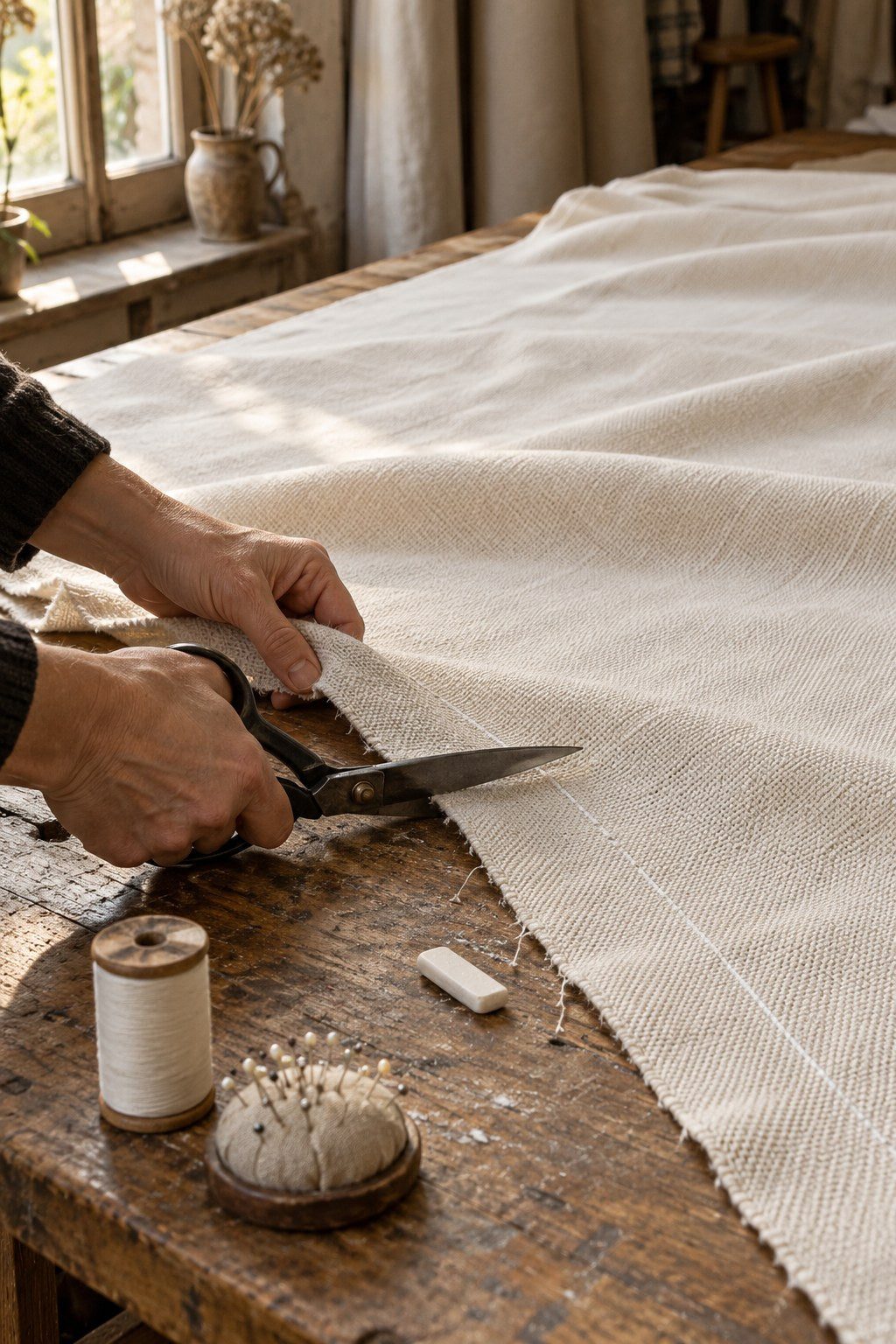 Mains qui découpent un tissu de rideau blanc cassé avec de grands ciseaux sur une table d'atelier