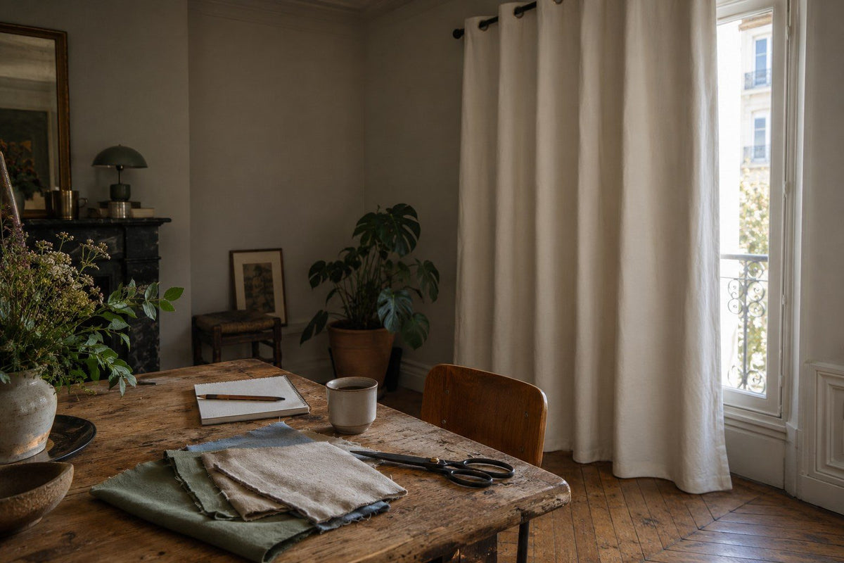 Coin atelier près d'une fenêtre avec un rideau blanc cassé à œillets, échantillons de tissu et ciseaux sur une table en bois