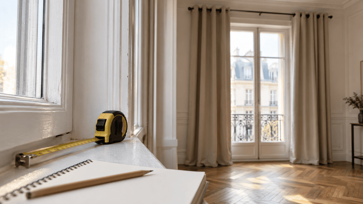 Mètre ruban posé sur le rebord d'une fenêtre, avec des rideaux beige sable à œillets en arrière-plan