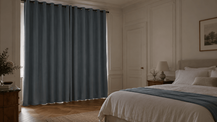 Chambre calme avec un rideau occultant bleu doux fermé qui bloque la lumière du matin d'été