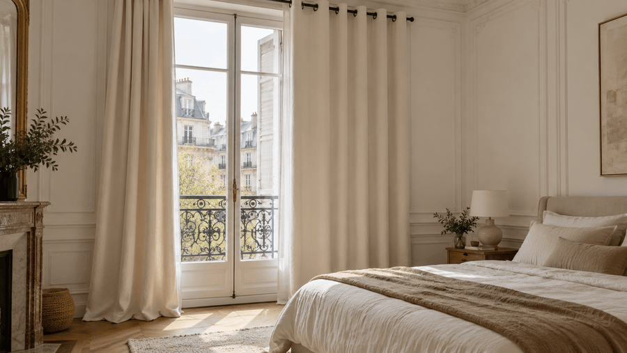 Chambre parisienne lumineuse avec un rideau occultant blanc cassé à œillets à moitié tiré devant une porte-fenêtre