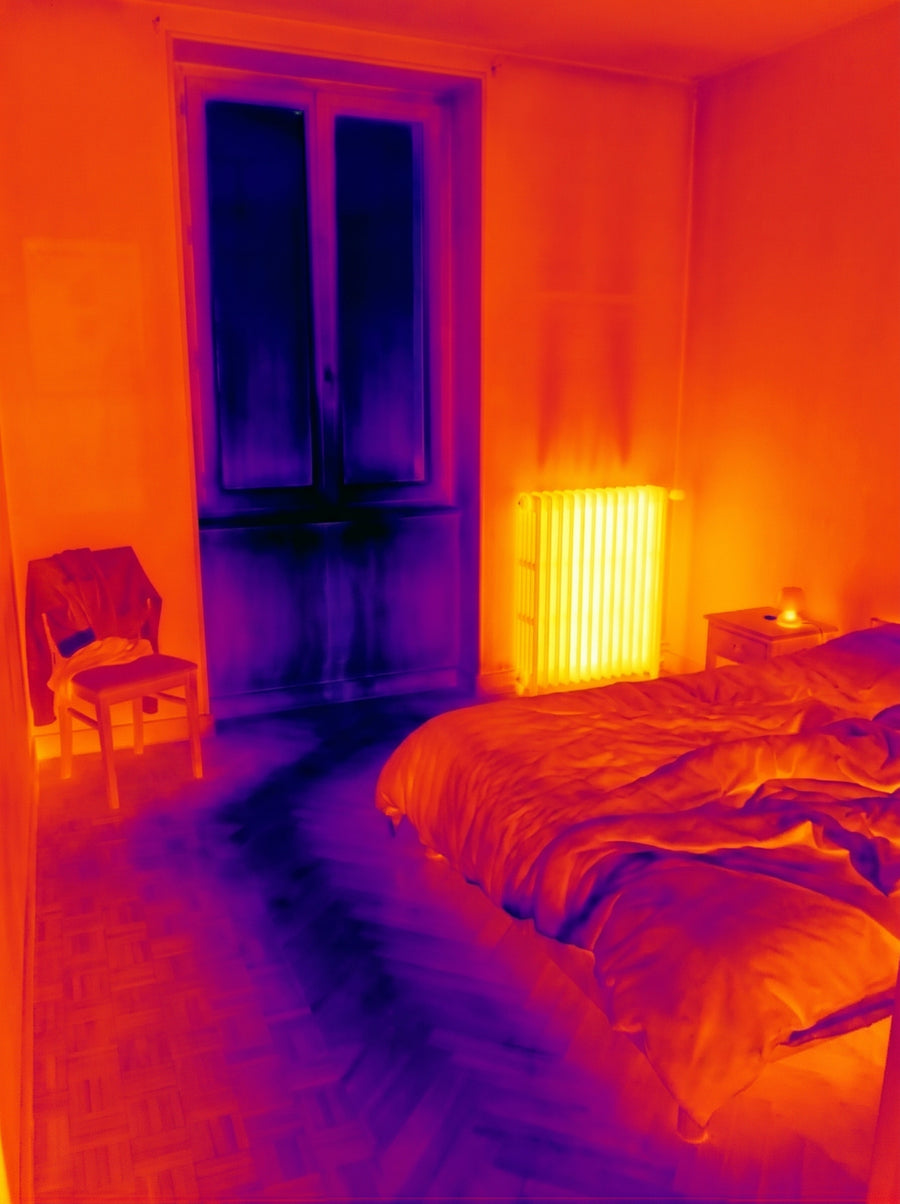 Image de caméra thermique : chambre sans rideau, vitre froide et air froid au sol