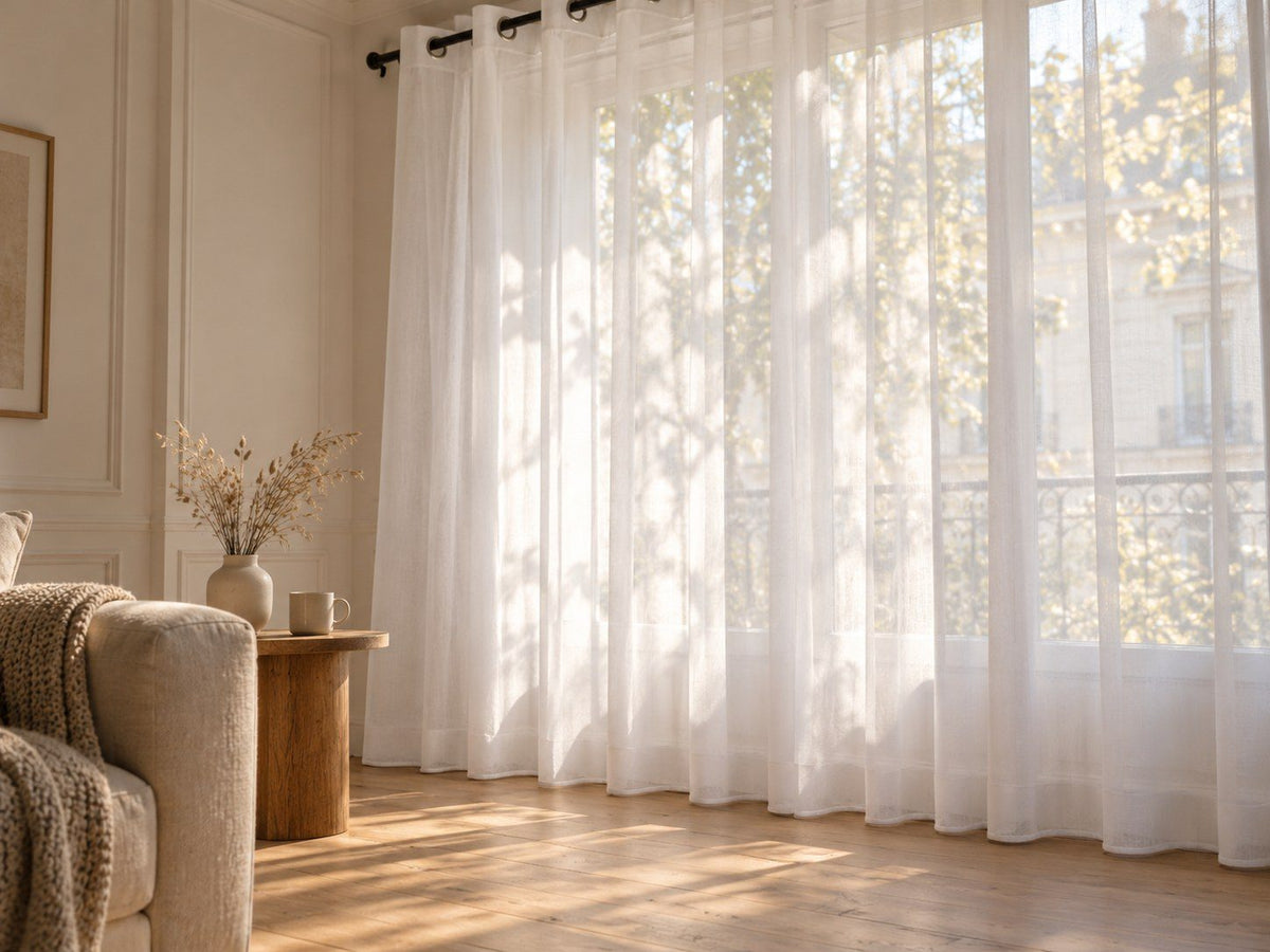 Voilage blanc transparent à œillets devant une grande fenêtre, lumière douce du matin