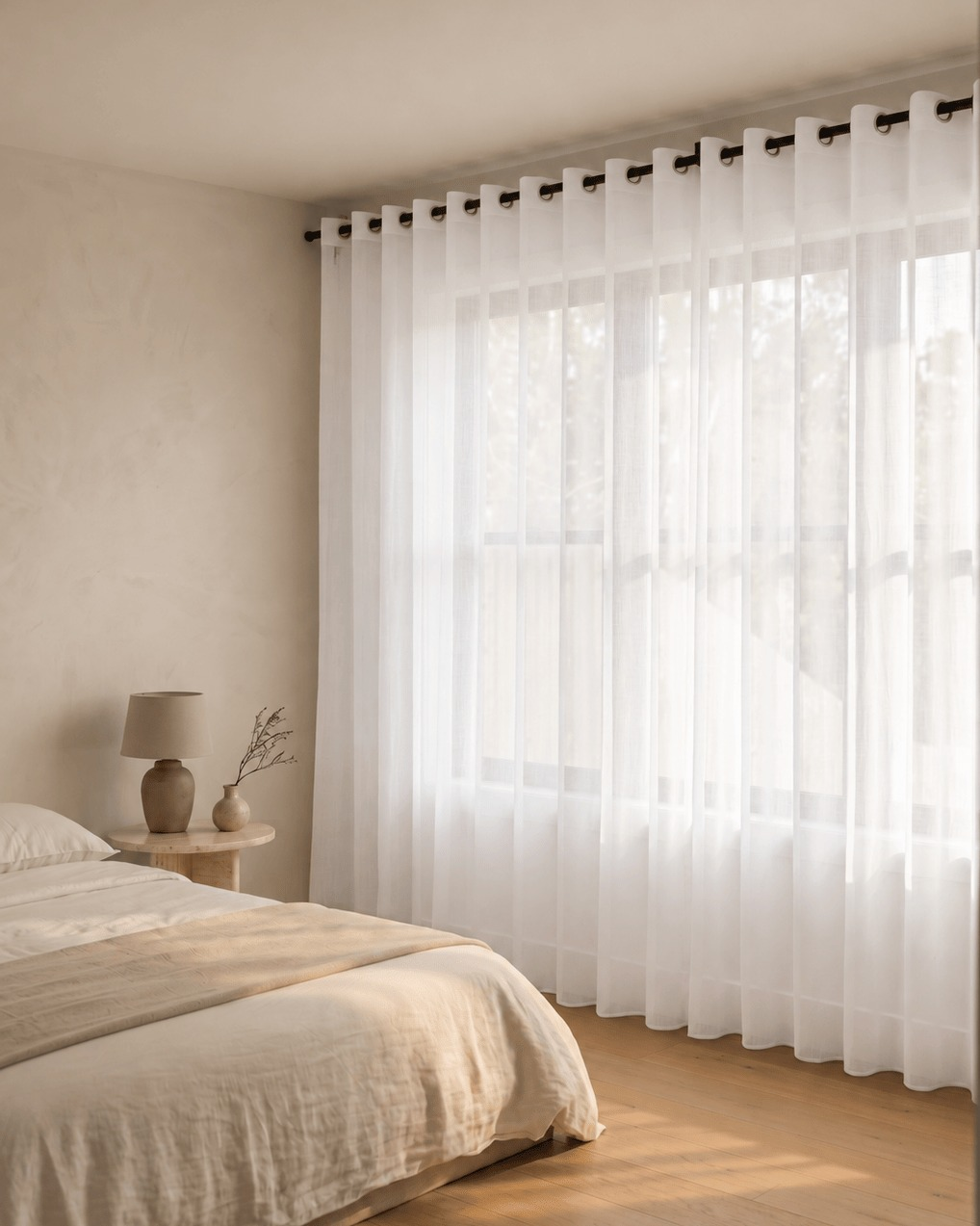 Voilage transparent uni blanc à œillets dans une chambre lumineuse
