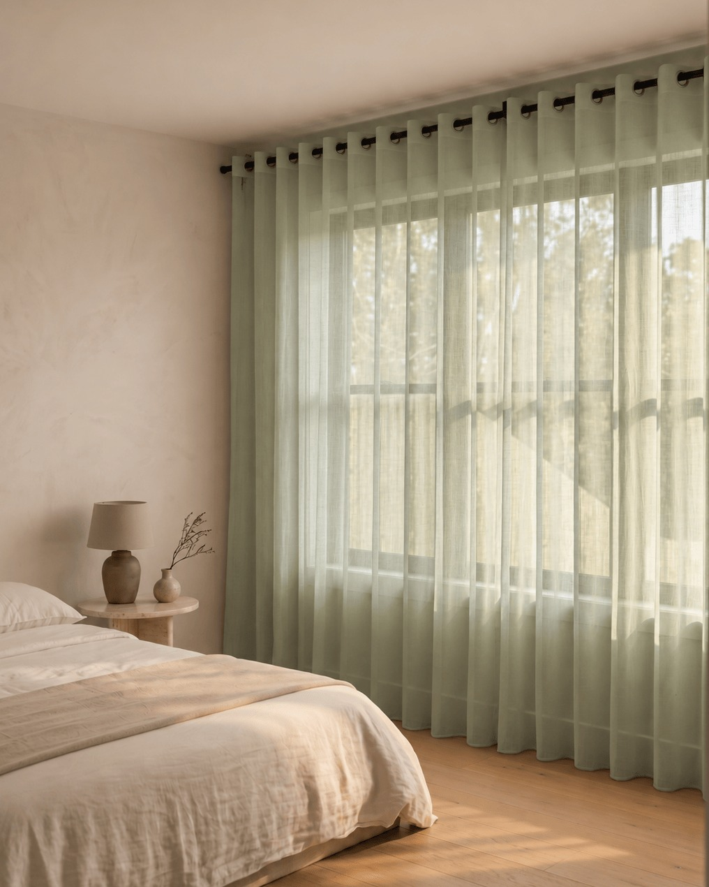 Voilage transparent uni vert pistache à œillets dans une chambre