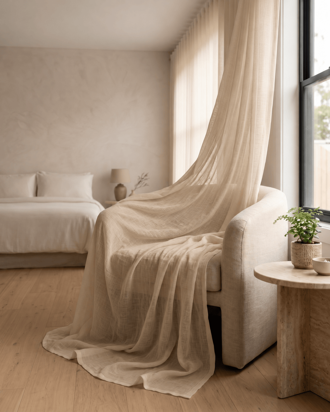 Voilage beige léger drapé sur un fauteuil