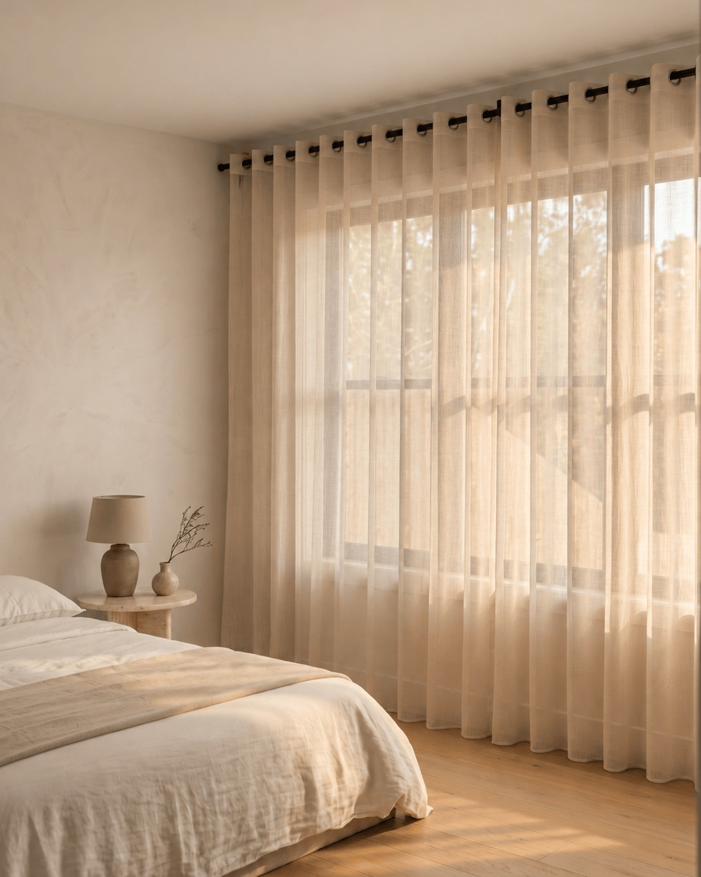 Voilage transparent uni beige à œillets dans une chambre