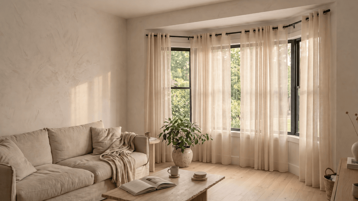 Voilage beige sur une grande baie de salon