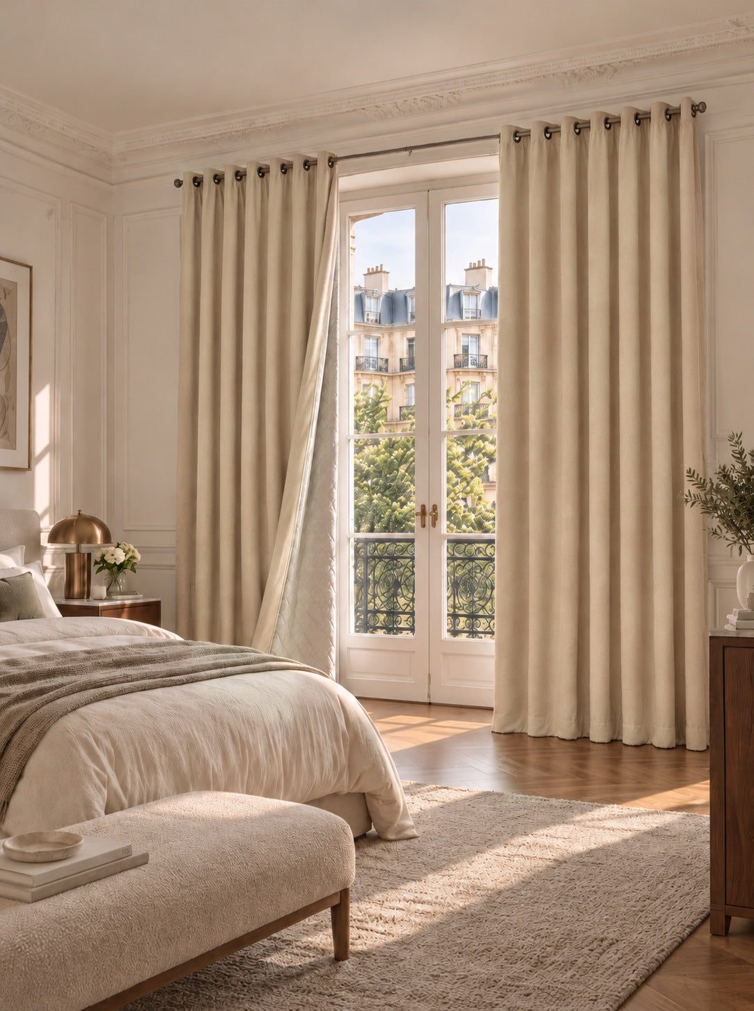 Rideau occultant beige à œillets devant une porte-fenêtre de chambre, un panneau ouvert laisse voir la doublure matelassée