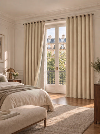 Rideau occultant beige à œillets devant une porte-fenêtre de chambre, un panneau ouvert laisse voir la doublure matelassée