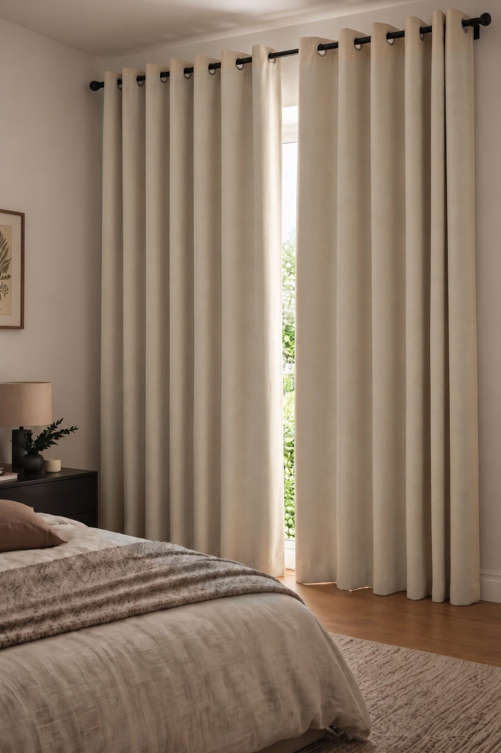 Rideau occultant thermique et phonique 3-en-1 Beige dans une chambre, gros plan sur les rideaux