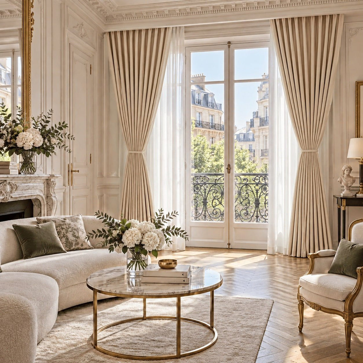 Rideaux occultants thermiques et phoniques beige dans un salon parisien