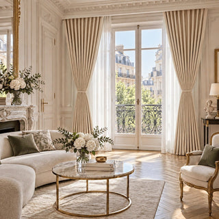 Rideaux occultants thermiques et phoniques beige dans un salon parisien