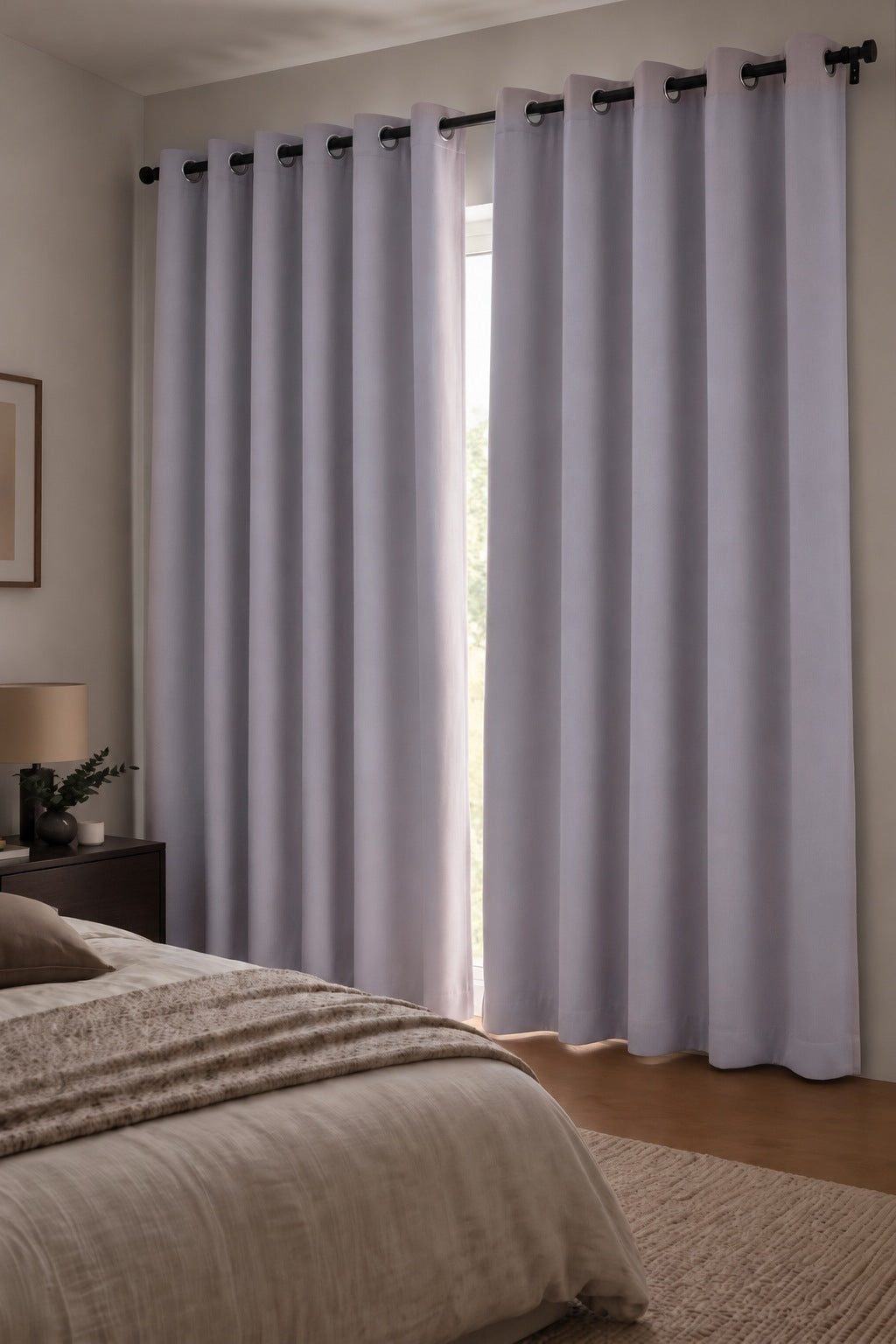 Rideau occultant thermique et phonique 3-en-1 Violet dans une chambre, gros plan sur les rideaux
