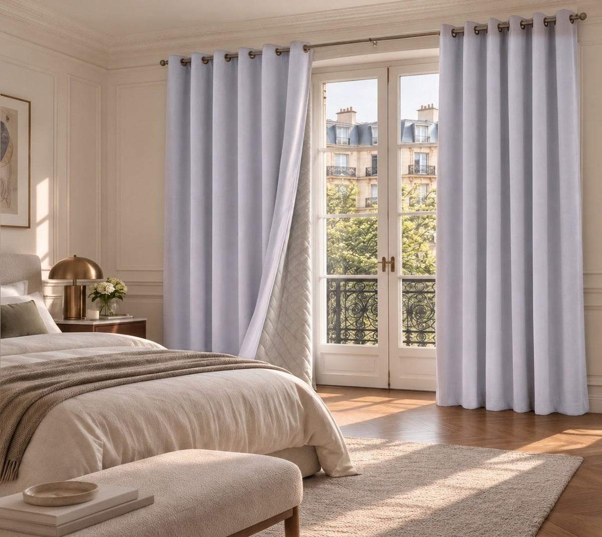 Rideau occultant violet lavande à œillets devant une porte-fenêtre de chambre, un panneau ouvert laisse voir la doublure matelassée