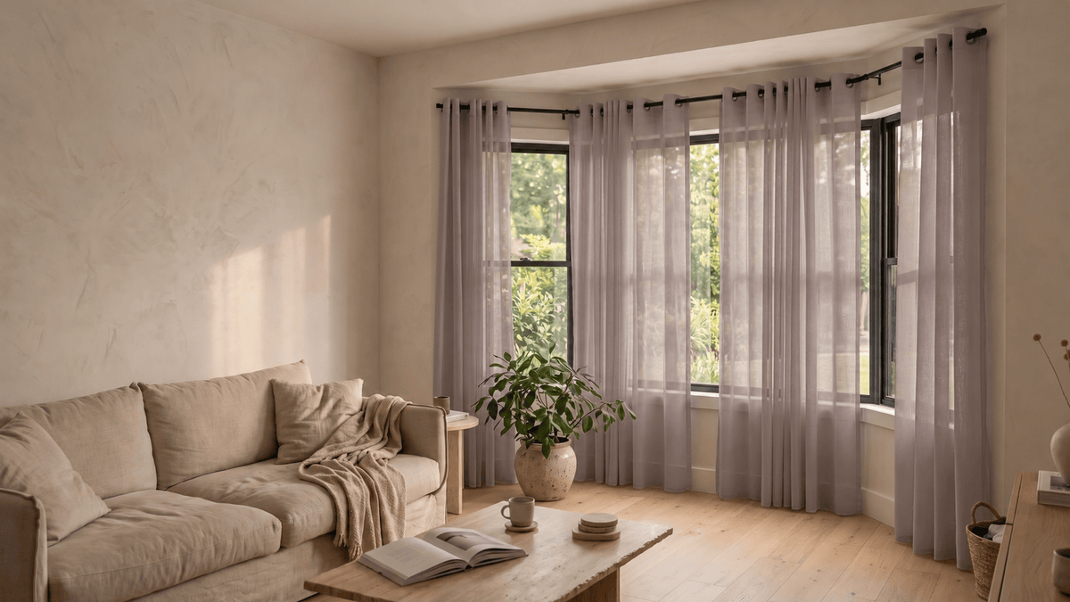 Voilage gris mauve sur une grande baie de salon