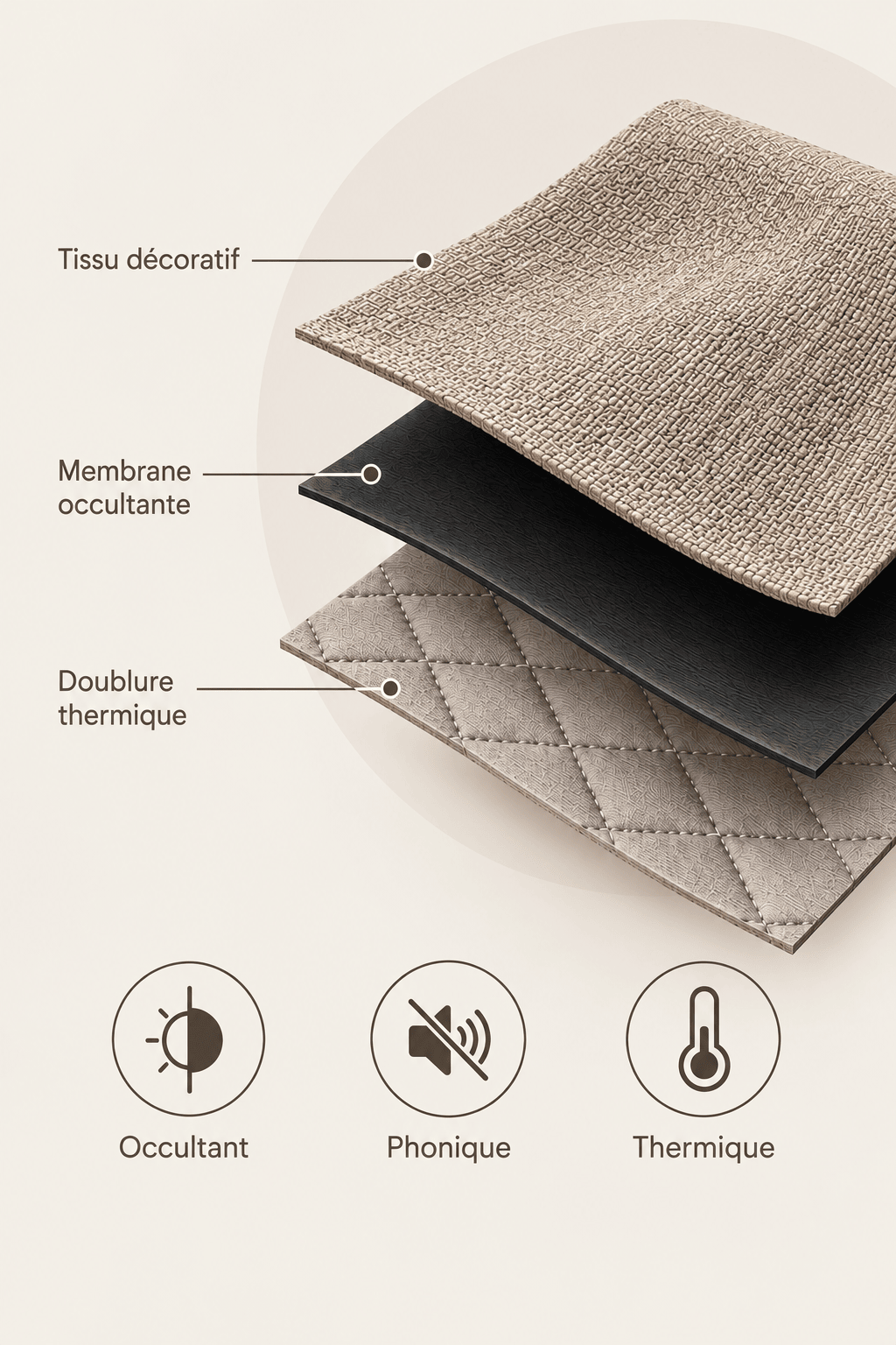 Les 3 couches du rideau beige : tissu décoratif, membrane occultante, doublure thermique