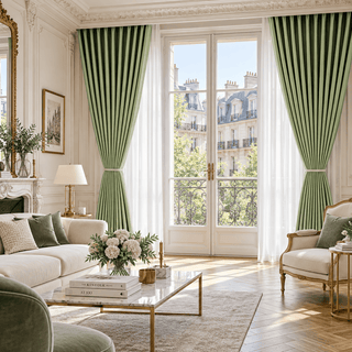 Rideaux occultants thermiques et phoniques vert dans un salon parisien