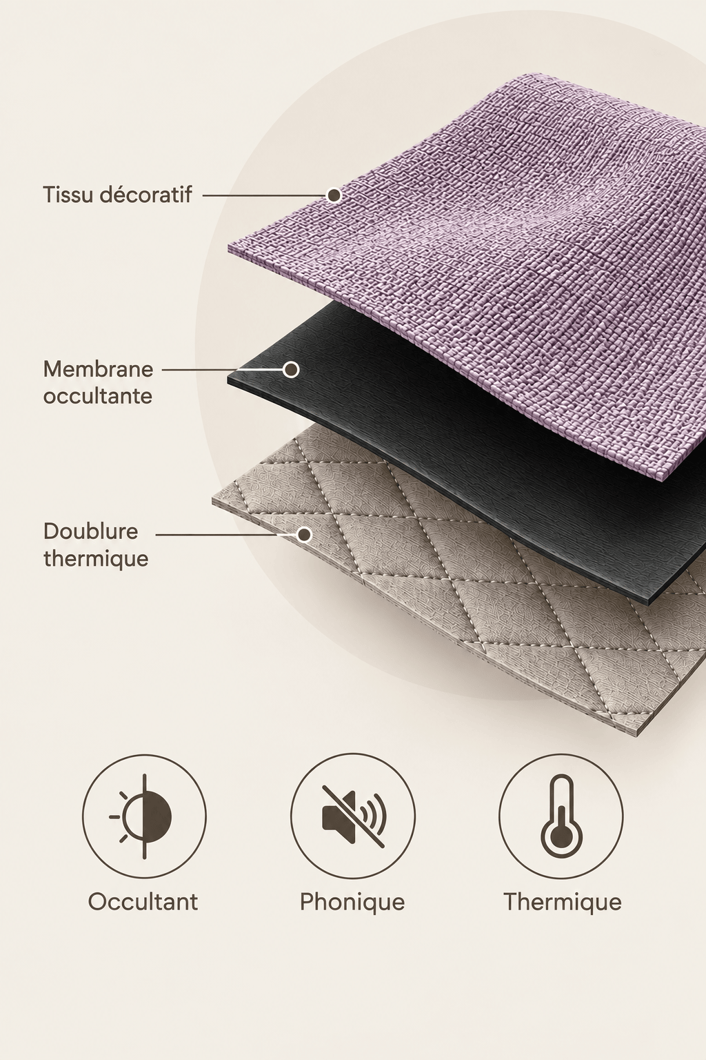 Les 3 couches du rideau violet : tissu décoratif, membrane occultante, doublure thermique
