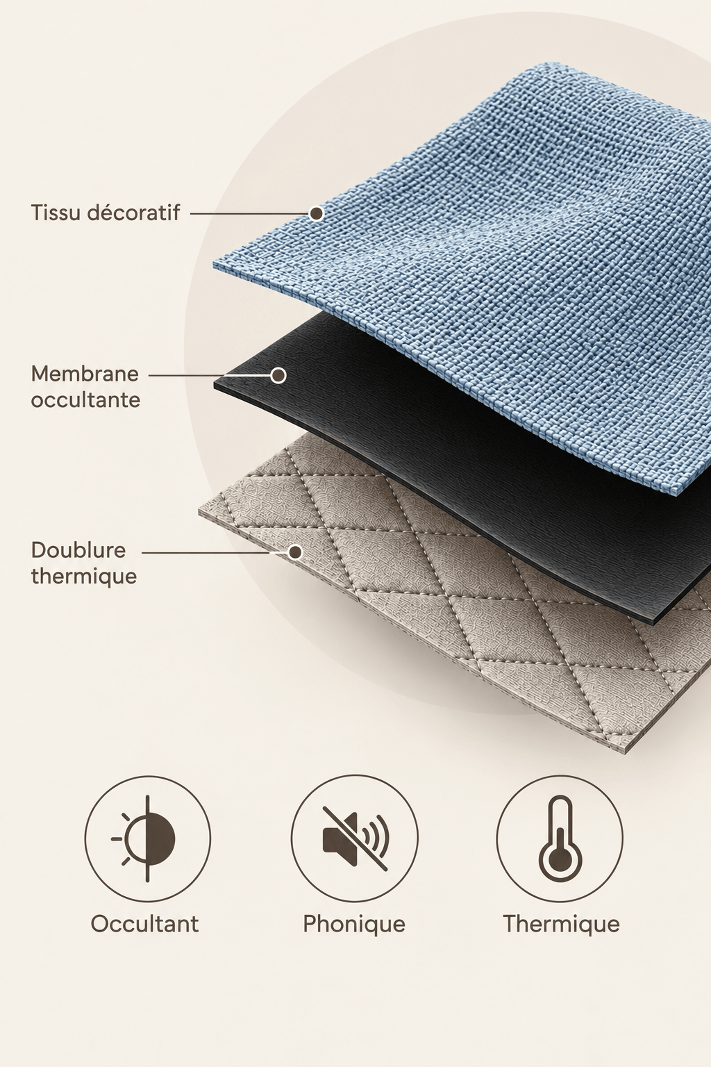 Les 3 couches du rideau bleu : tissu décoratif, membrane occultante, doublure thermique