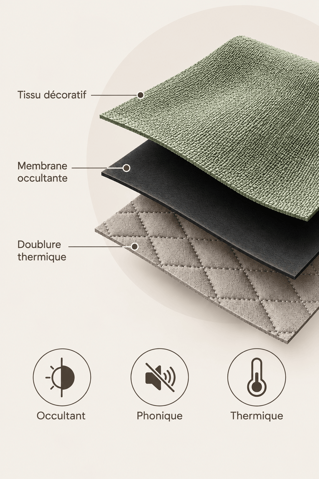 Les 3 couches du rideau vert : tissu décoratif, membrane occultante, doublure thermique
