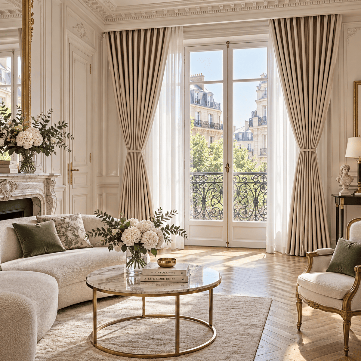Rideaux occultants thermiques et phoniques beige dans un salon parisien