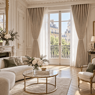 Rideaux occultants thermiques et phoniques beige dans un salon parisien